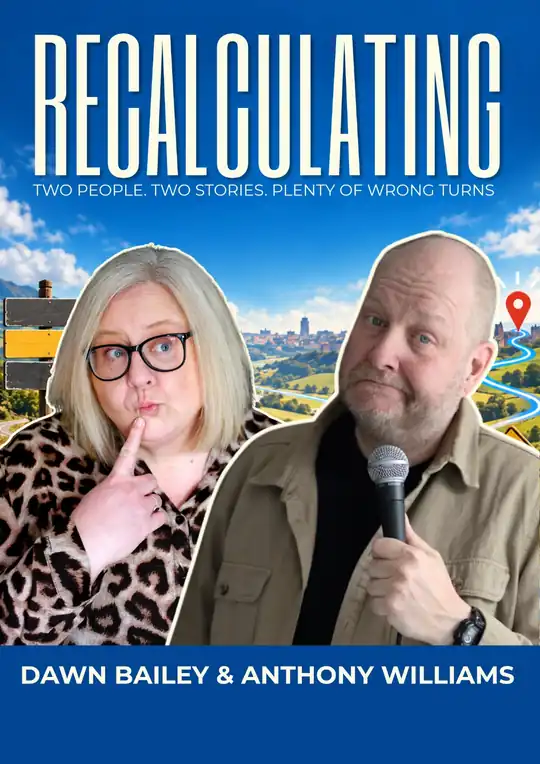 RECALCULATING show poster featuring Dawn Bailey and Anthony Williams against a bright blue sky and winding road